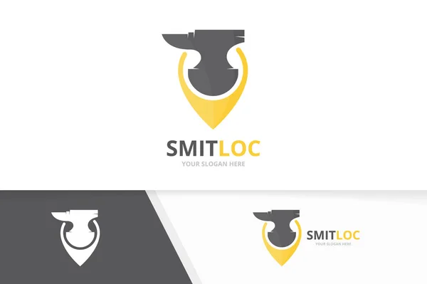 Vector smith and map pointer logo combination. Blacksmith and gps locator symbol or icon. Unique metal and pin logotype design template. — Stock Vector