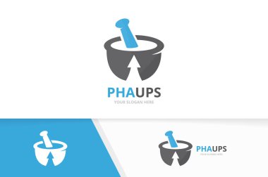 Vektör eczane ve logo birlikte yukarı ok. Pounder ve büyüme simge veya simge. Benzersiz harç ve havaneli logo tasarım şablonu.