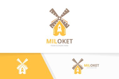 Vektör değirmen ve roket logo bileşimi. Çiftlik ve sembol veya simgesi başlatın. Benzersiz yel değirmeni ve uzay gemisi logo tasarım şablonu.