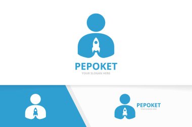 Vektör adam ve roket logo bileşimi. İnsanlar ve simge veya simge kurmak. Benzersiz insan ve uzay gemisi logo tasarım şablonu.
