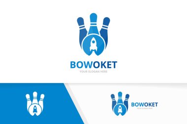 Vektör bowling ve roket logo bileşimi. Oyun ve başlangıç sembolü veya simge. Benzersiz kegling ve uzay gemisi logo tasarım şablonu.