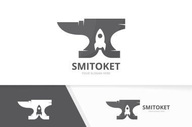 Vektör smith ve roket logo bileşimi. Demirci ve simge veya simge kurmak. Benzersiz metal ve uzay gemisi logo tasarım şablonu.