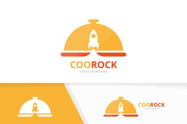 Vektör çanak ve roket logo bileşimi. Plaka ve simgesini veya simgesi başlatın. Benzersiz mutfak ve uzay gemisi logo tasarım şablonu.