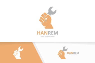 Yumruk ve onarım logo kombinasyonu vektör. El ve düzeltme simge veya simge. Benzersiz protesto ve hizmet logo tasarım şablonu.