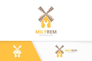 Vektör değirmen ve onarım logo bileşimi. Çiftlik ve düzeltme simge veya simge. Benzersiz yel değirmeni ve hizmet logo tasarım şablonu.