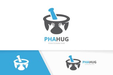 Vektör eczane ve eller logo bileşimi. Pounder ve kucaklama simge veya simge. Benzersiz harç ve havaneli logo tasarım şablonu.