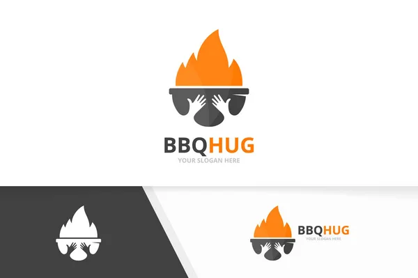 Combinazione del logo del barbecue vettoriale e delle mani. Griglia e abbraccia simbolo o icona. Modello di design unico per barbecue e logotipo dell'amicizia . — Vettoriale Stock