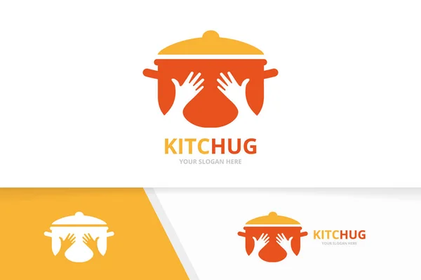 Vektor Topf und Hände Logo Kombination. Küche und Umarmung Symbol oder Symbol. einzigartige Design-Vorlage für Pan und Freundschaftslogos. — Stockvektor