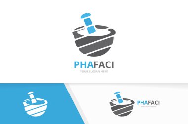 Vektör eczane logo bileşimi. Pounder simge veya simge. Benzersiz harç ve havaneli logo tasarım şablonu.