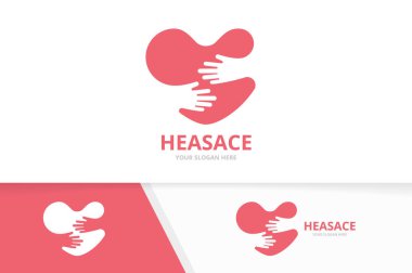 Vektör kalp ve eller logo bileşimi. Sevgi ve sarılmak simge veya simge. Benzersiz romantik ve kucaklama logo tasarım şablonu.