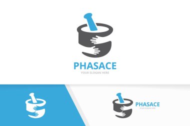 Vektör eczane ve eller logo bileşimi. Pounder ve sarılmak simge veya simge. Benzersiz harç ve havaneli logo tasarım şablonu.