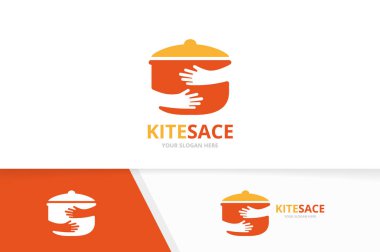 Vektör esrar ve eller logo bileşimi. Mutfak ve sarılmak simge veya simge. Benzersiz pan ve kucaklama logo tasarım şablonu.