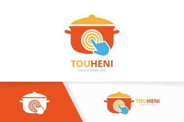 Pot vektör ve logo bileşimini tıklatın. Mutfak ve imleç simge veya simge. Benzersiz pan ve dijital logo tasarım şablonu.
