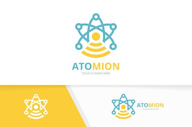 Vektör atom ve wifi logo bileşimi. Molekül ve sinyal simge veya simge. Benzersiz bilim ve radyo logo tasarım şablonu.