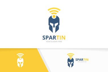 Vektör Sparta ve wifi logo kombinasyonu. Kask ve sinyal simge veya simge. Benzersiz savaşçı ve radyo logo tasarım şablonu.