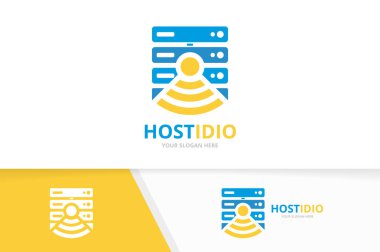 Vektör ana bilgisayar ve wifi logo bileşimi. Sunucu ve sinyal simge veya simge. Benzersiz veri ve radyo logo tasarım şablonu.