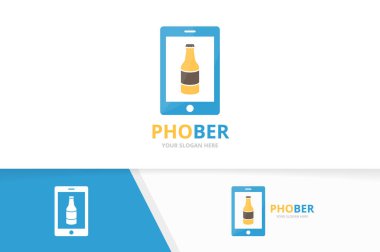 Vektör şişe ve telefon logo bileşimi. Bira ve mobil simge veya simge. Benzersiz alkol ve aygıt logo tasarım şablonu.