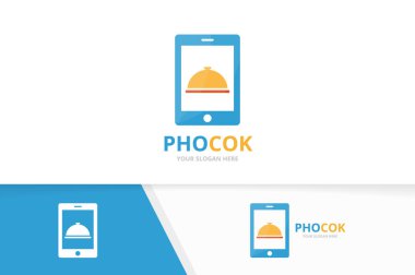 Vektör çanak ve telefon logo bileşimi. Plaka ve mobil simge veya simge. Benzersiz mutfak ve aygıt logo tasarım şablonu.