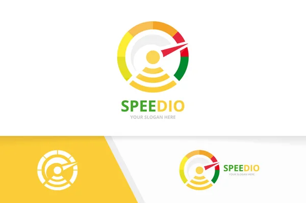 Vector logo-combinatie van snelheidsmeter en wifi. Toerenteller en signaal symbool of pictogram. Unieke speedo en radio logo ontwerpsjabloon. — Stockvector