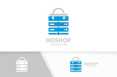 Vektör ana bilgisayar ve dükkanı logo bileşimi. Sunucu ve satış sembol veya simge. Benzersiz veri ve Pazar logo tasarım şablonu.