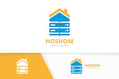 Vektör ana bilgisayar ve Emlak logosu bileşimi. Sunucu ve ev simge veya simge. Benzersiz veri ve kira logo tasarım şablonu.