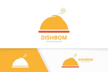 Vektör çanak ve bomba logo bileşimi. Plaka ve simgesini veya simge patlatmak. Benzersiz mutfak ve silah logo tasarım şablonu.