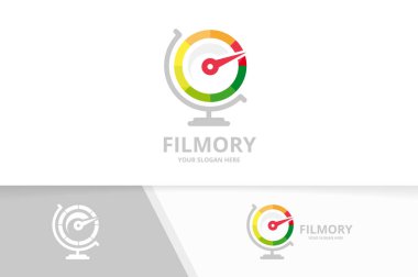 Vektör hız göstergesi ve küre logo bileşimi. Takometre ve gezegen simge veya simge. Benzersiz speedo logo tasarım şablonu.