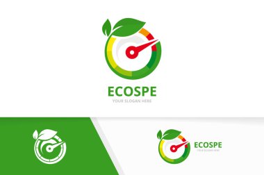 Vektör hız göstergesi ve yaprak logo bileşimi. Takometre ve bitki simge veya simge. Benzersiz speedo ve organik logo tasarım şablonu.