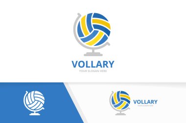 Vektör voleybol ve küre logo bileşimi. Oyun ve gezegen simge veya simge. Benzersiz top logo tasarım şablonu.