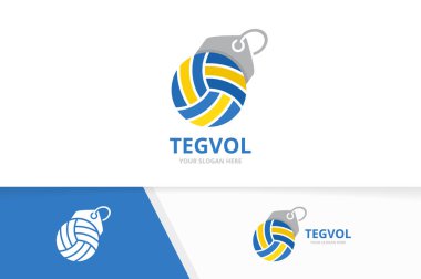 Vektör voleybol ve etiketi logosu bileşimi. Oyun ve dükkanı simge veya simge. Benzersiz top ve etiket logo tasarım şablonu.