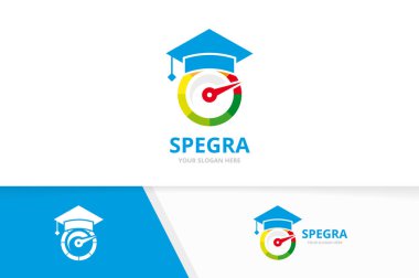 Vektör hız göstergesi ve mezun şapka logo bileşimi. Takometre ve Eko simge veya simge. Benzersiz speedo ve organik logo tasarım şablonu.