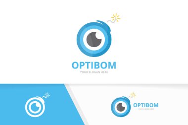 Vektör göz ve bomba logo bileşimi. Optik ve simge veya simge patlatmak. Benzersiz vizyon ve silah logo tasarım şablonu.