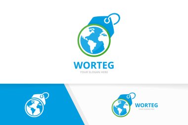 Vektör dünya ve etiketi logosu bileşimi. Dünya ve dükkanı simge veya simge. Benzersiz dünya ve etiket logo tasarım şablonu.