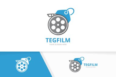 Vektör film ve etiketi logosu bileşimi. Sinema ve dükkanı simge veya simge. Benzersiz film ve etiket logo tasarım şablonu.