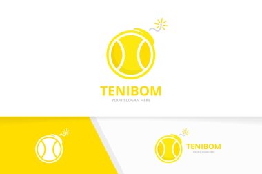 Vektör tenis ve bomba logo bileşimi. Oyun ve simge veya simge patlatmak. Benzersiz top ve silah logo tasarım şablonu.