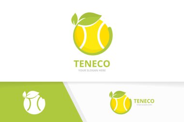 Vektör tenis ve yaprak logo bileşimi. Oyun ve bitki simge veya simge. Benzersiz top ve organik logo tasarım şablonu.