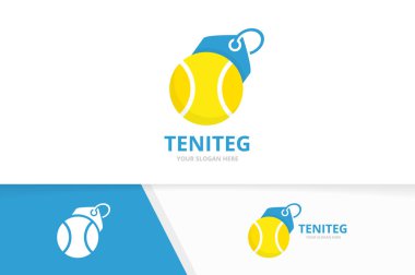 Vektör tenis ve etiketi logosu bileşimi. Oyun ve dükkanı simge veya simge. Benzersiz top ve etiket logo tasarım şablonu.