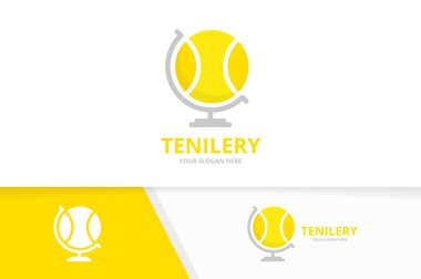 Vektör tenis ve küre logo bileşimi. Oyun ve gezegen simge veya simge. Benzersiz top logo tasarım şablonu.