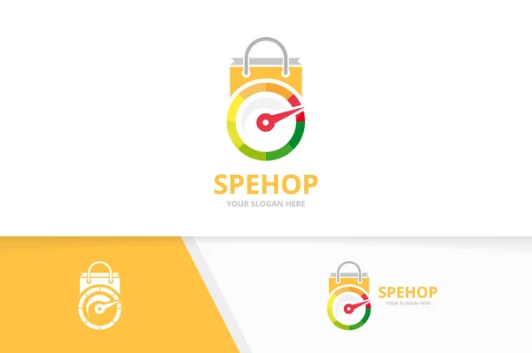 Vector logo-combinatie van snelheidsmeter en winkel. Toerenteller en verkoop symbool of pictogram. Unieke speedo en markt logo ontwerpsjabloon. — Stockvector