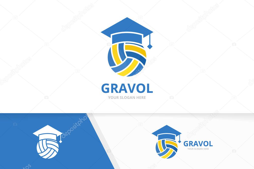 Vector volleyball and graduate hat logo combination. Play and study symbol or icon. Unique ball and college logotype design template.