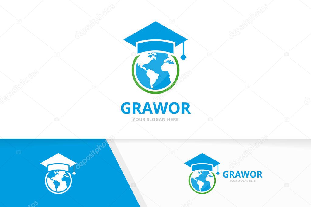 Vector world and graduate hat logo combination. Earth and study symbol or icon. Unique globe and college logotype design template.