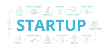 Vektör başlatma ve iş ince çizgi banner tasarım konsepti için kümesi. Resimde beyaz zemin üzerine sunumlar için