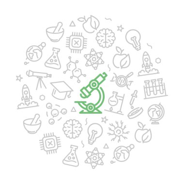 Daire tasarım kavramı vektör bilim ve araştırma simgeler kümesi. Resimde beyaz zemin üzerine sunumlar için