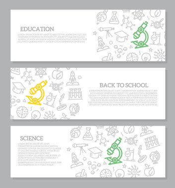 Simge desenli vektör bilim ve araştırma yatay afiş kümesi. Vektör çizim