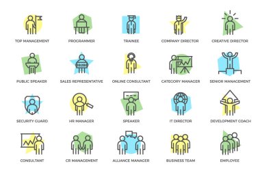 Vektör insan kaynakları ve iş kuruluş yönetimi kümesi satır simgeler başlıkları ile renkli. Ekip çalışması, tanıtım, müşteri destek, b2b, arama çalışanlar, Seo, şirket güvenliği, başarı ve