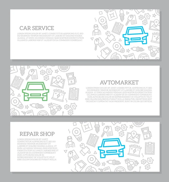Conjunto de serviço de carro vetor e auto reparação de banners horizontais com padrão de ícone. Ilustração vetorial — Vetor de Stock