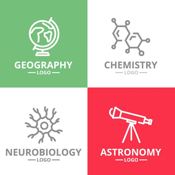 Conjunto de logotipo o insignia de ciencia vectorial e investigación, emblemas, etiquetas e insignia. Estilo de línea vectorial — Vector de stock
