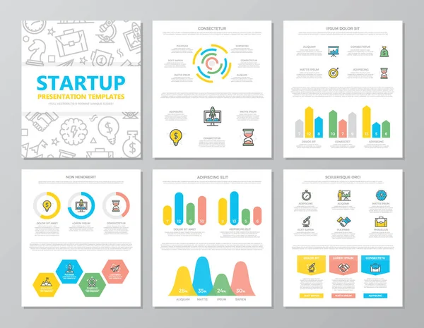 Conjunto de elementos de inicio y negocio coloreados para diapositivas de plantillas de presentación a4 multipropósito con gráficos y gráficos. Folleto, informe corporativo, marketing, publicidad, diseño de portadas de libros . — Vector de stock