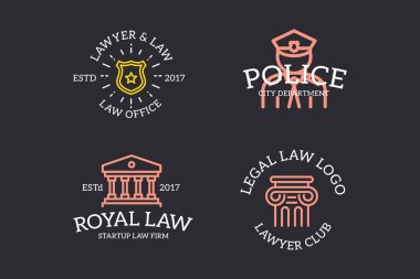 Retro vintage Yargıç, polis, Şerif yıldızlı rozet, sütun logo veya amblem, amblem, etiketleri ve rozetleri ve diğer marka nesneleri kümesi. Vektör çizgi stili