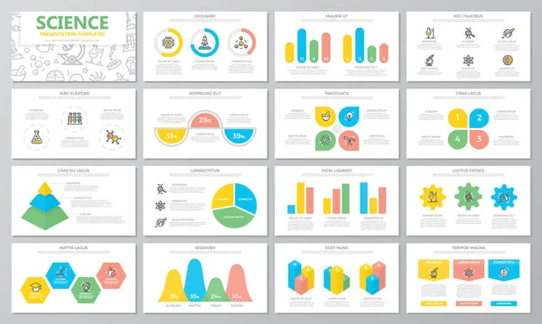 Plantillas de presentación de ciencia e investigación elementos sobre fondo blanco. Infografías vectoriales, volante y folleto, informe corporativo, marketing, publicidad, banner . — Archivo Imágenes Vectoriales